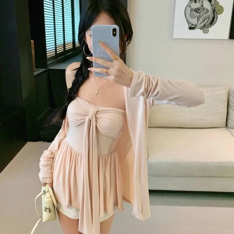 Women Camisole & Cardigan Two Piece Set Piece Set Lady Pink  Halter Sweet  Top Female  French Style Vacation Top