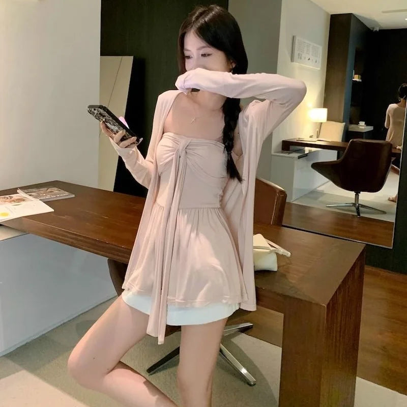 Women Camisole & Cardigan Two Piece Set Piece Set Lady Pink  Halter Sweet  Top Female  French Style Vacation Top